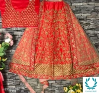 Beautiful Semi Stitched  lehenga Choli - Free Size, Red, Silk ,Dupatta Fabric : Net, Embroidered, Multipack :1